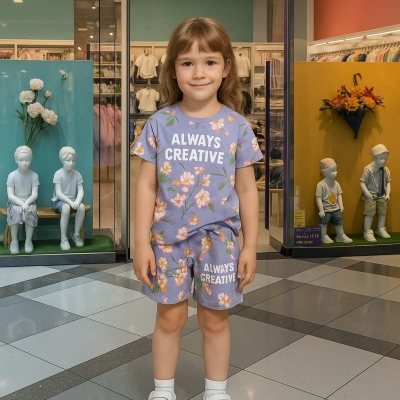 Детски комплект момиче къс ръкав, лилав цвят 5/6г