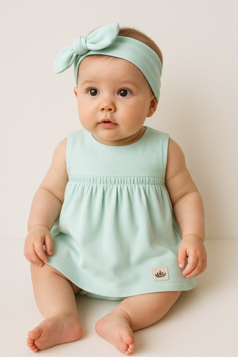 Бебешка рокля без ръкав с лента за глава от органичен памук , зелен цвят
