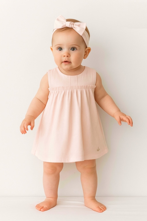 Бебешка рокля без ръкав с лента за глава от органичен памук , розов цвят