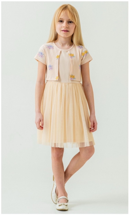 Детска рокля с къс ръкав, бежов цвят