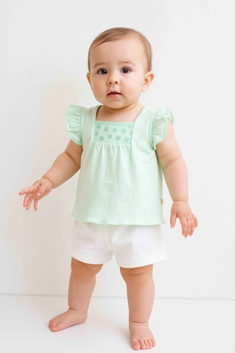 Детски комплект за момиче с къс ръкав, зелен цвят