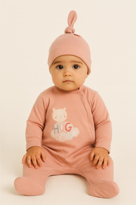 Бебешки гащеризон момиче дълъг ръкав с шапка, розов цвят