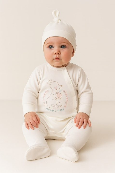 Бебешки гащеризон момиче дълъг ръкав с шапка, цвят екрю