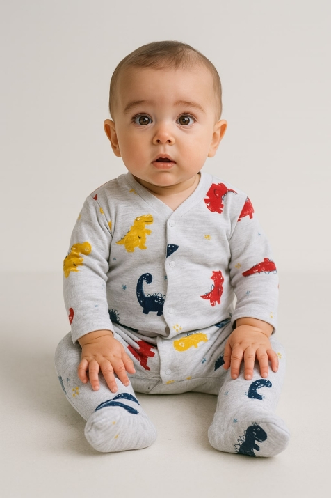 Бебешки гащеризон за момче с динозаври, сив цвят