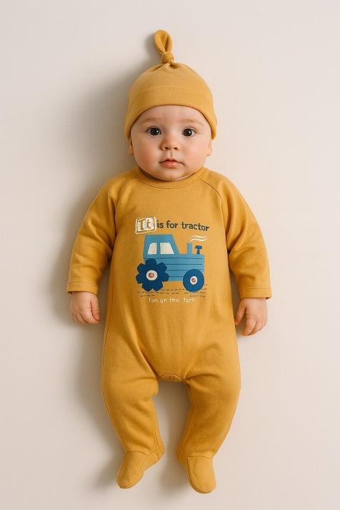 Бебешки гащеризон момче дълъг ръкав с шапкa, жълт цвят