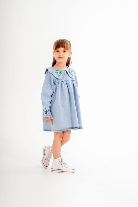  Детска рокля дълъг ръкав, син цвят