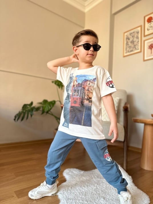 Детски комплект за момче с къс ръкав в син цвят