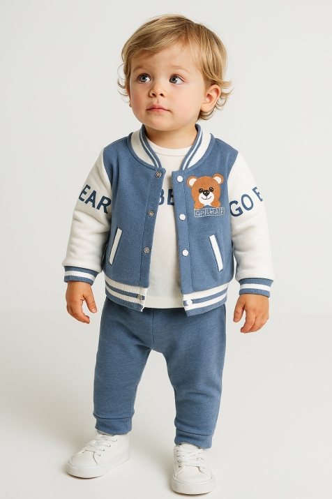 Детски комплект за момче с дълъг ръкав от 3 части, син цвят