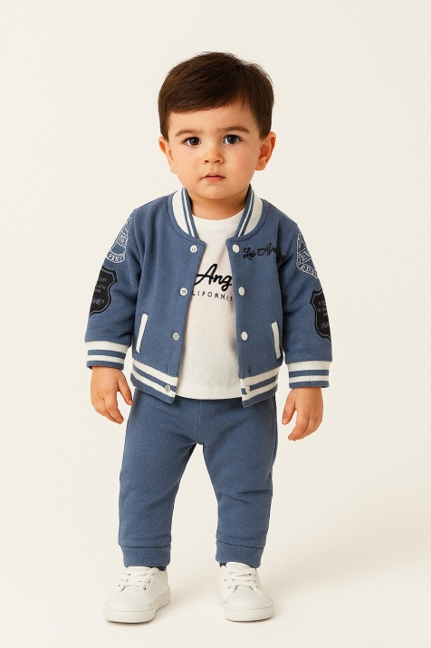 Детски комплект за момче с дълъг ръкав от 3 части, син цвят