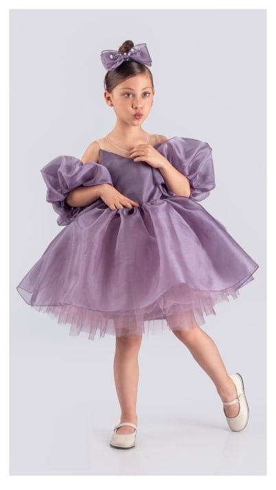 Детска официална рокля с ръкавели и диадема, лилав цвят