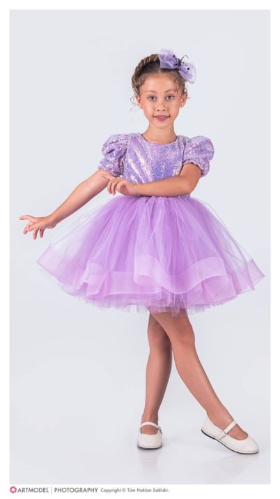 Детска официална рокля къс ръкав Princess,лилав цвят 