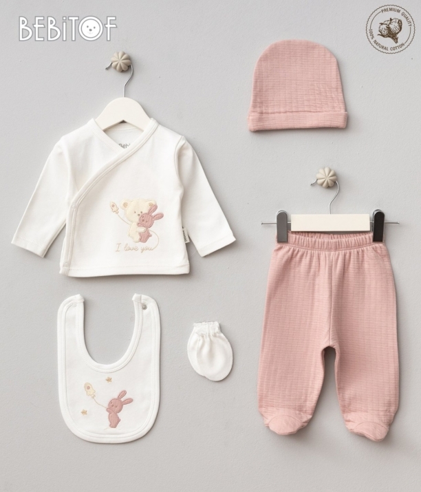 Комплект за изписване от органичен памук 5 части, розов цвят 