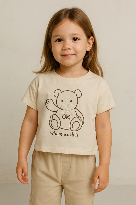 Детска тениска момиче, цвят екрю