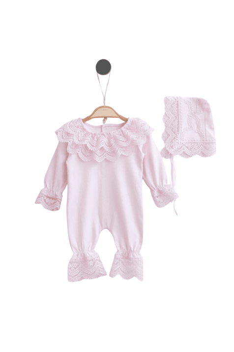 Бебешки гащеризон момиче дълъг ръкав с шапка, розов цвят