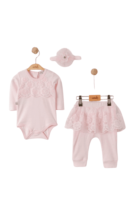 Бебешки комплект момиче с дълъг ръкав 3 части,розов цвят