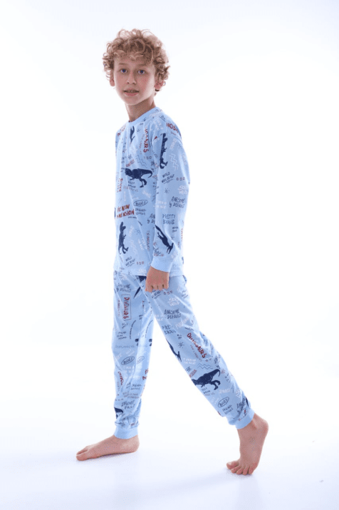 Детска пижама дълъг ръкав момче с динозаври, син цвят
