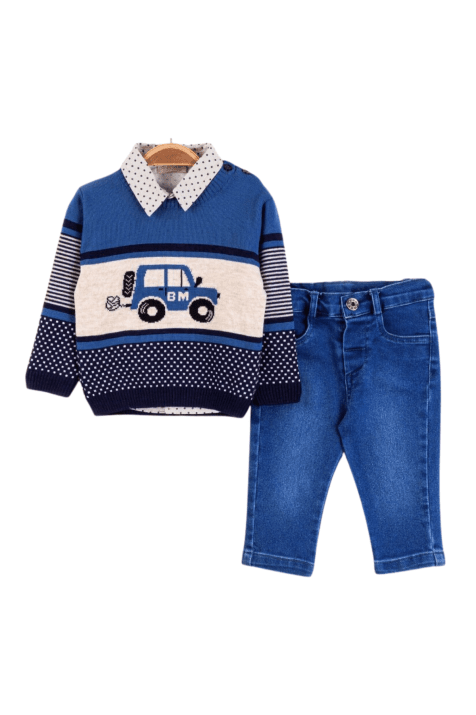 Детски комплект момче дълъг ръкав 3 части, син цвят