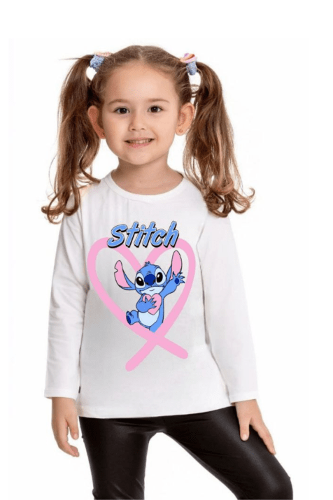 Детска блуза момиче с дълъг ръкав Stitch, цвят екрю