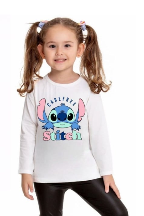 Детска блуза момиче с дълъг ръкав Stitch, цвят екрю