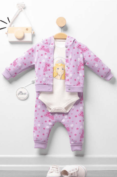 Бебешки комплект момиче с дълъг ръкав 3 части Barbie,лилав цвят