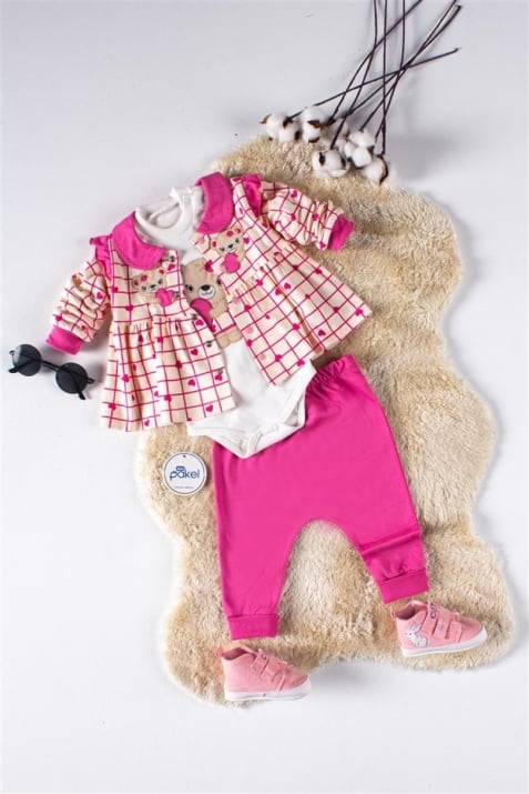 Бебешки комплект момиче с дълъг ръкав 3 части,розов цвят