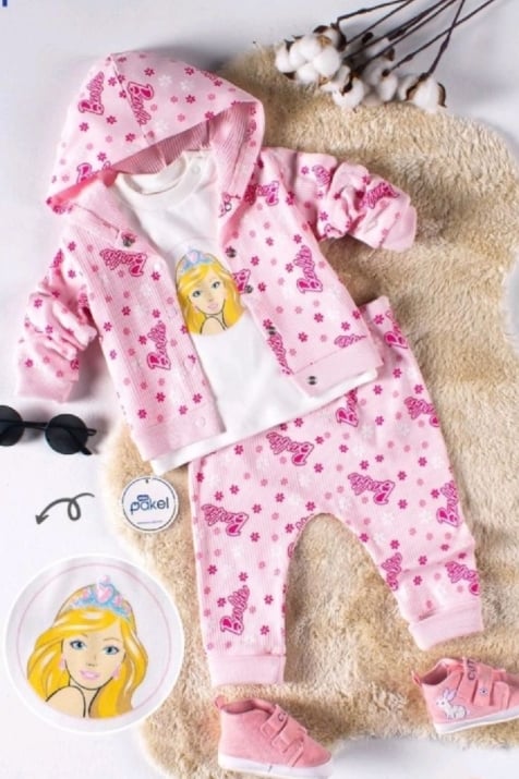 Бебешки комплект момиче дълъг ръкав 3 части Barbie, розов цвят
