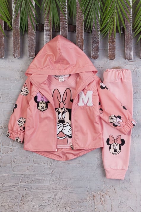 Детски комплект момиче дълъг ръкав 3 части Мини Маус, тъмно розов цвят