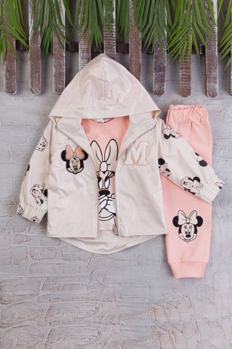 Детски комплект момиче дълъг ръкав 3 части Мини Маус, бежов цвят