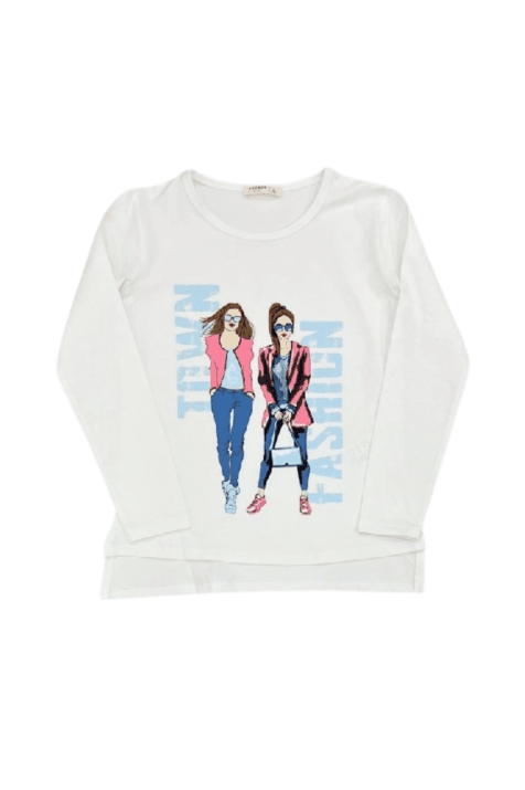 Детска блуза момиче с дълъг ръкав, цвят екрю