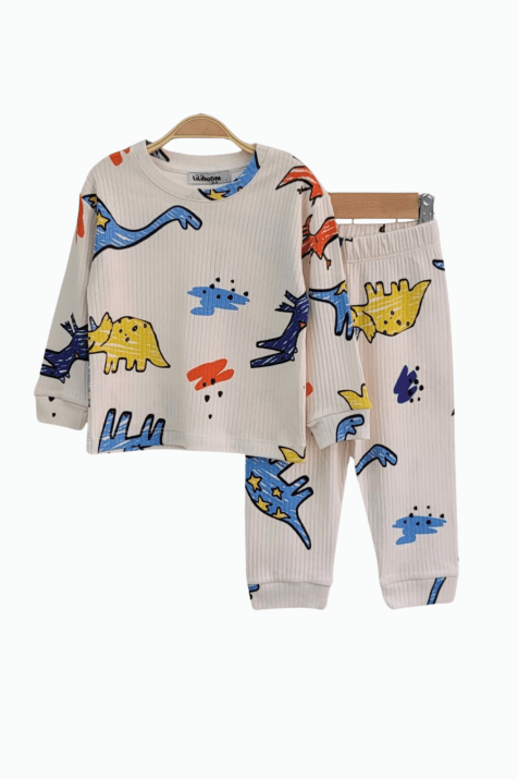 Детска пижама с дълъг ръкав за момче с животни,в цвят екрю