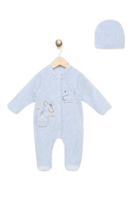 Бебешки гащеризон момче дълъг ръкав с шапка, син цвят