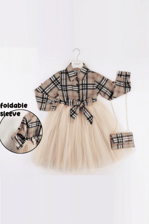 Детска рокля дълъг ръкав с чантичка,бежов цвят