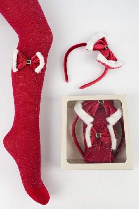 Детски чорапогащник момиче с диадема Коледа, червен цвят