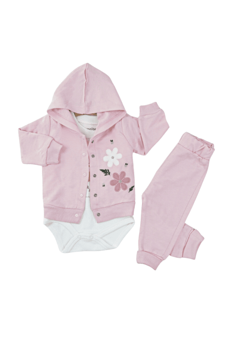 Детски комплект момиче дълъг ръкав 3 части на цветя, розов цвят