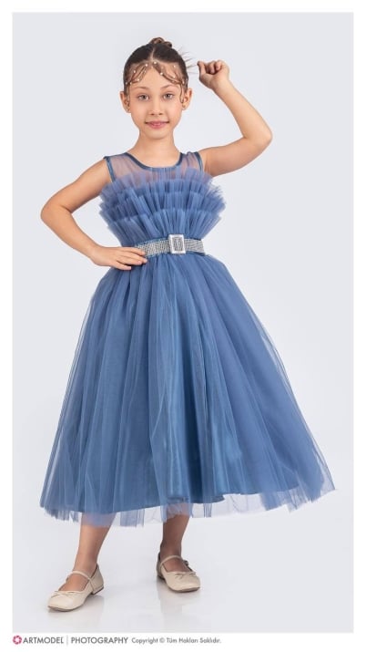 Детска официална рокля къс ръкав Princess,син цвят