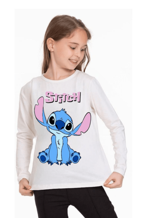 Детска блуза момиче с дълъг ръкав Stitch, цвят екрю 