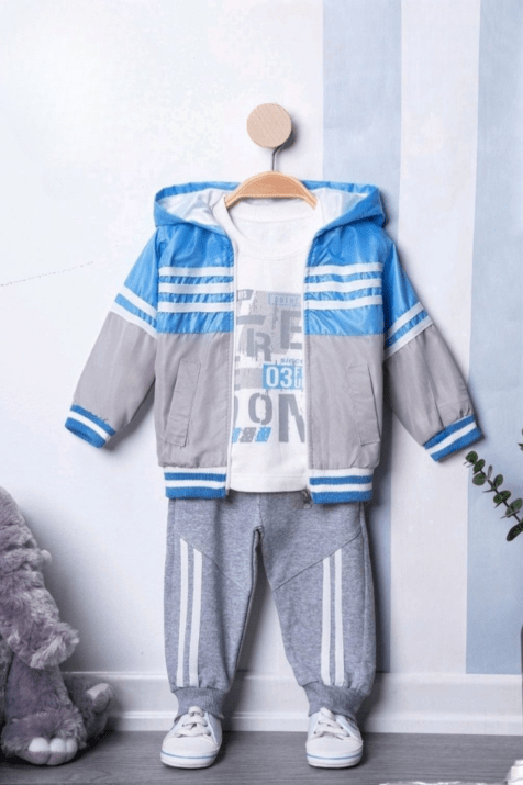 Детски комплект за момче с дълъг ръкав от 3 части, син цвят