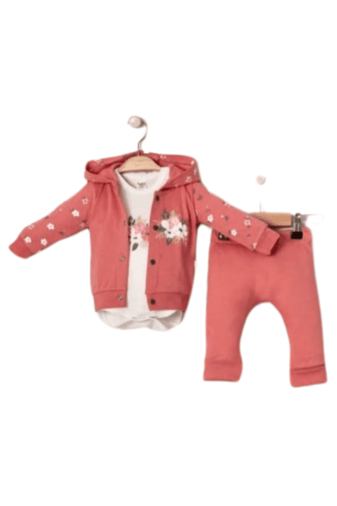 Детски комплект дълъг ръкав момиче 3 части, цвят корал