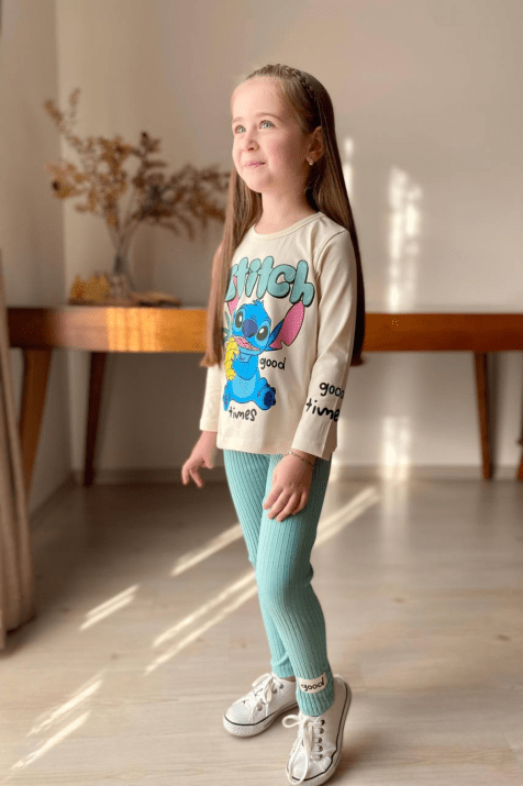 Детски комплект за момиче дълъг ръкав, зелен цвят 