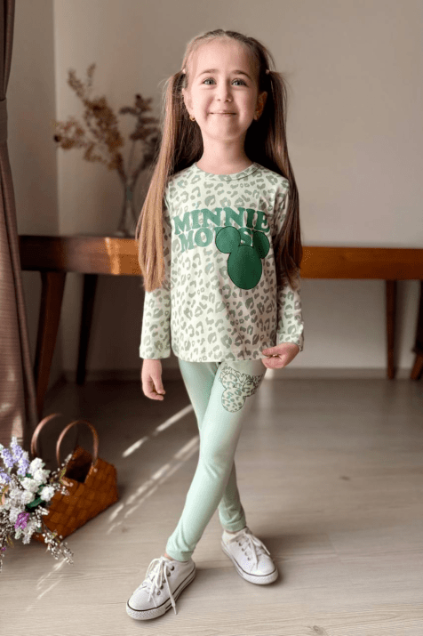 Детски комплект за момиче дълъг ръкав, зелен цвят