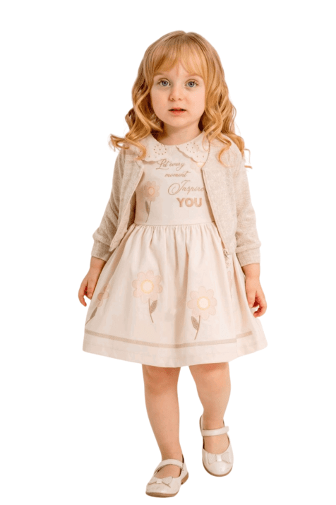 Детска рокля с жилетка, бежов цвят