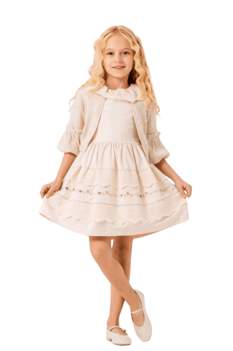 Детска рокля с жилетка, цвят екрю