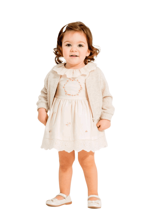 Детска рокля с жилетка, цвят екрю