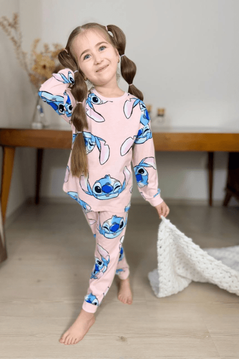 Детска пижама за момиче дълъг ръкав, розов цвят 