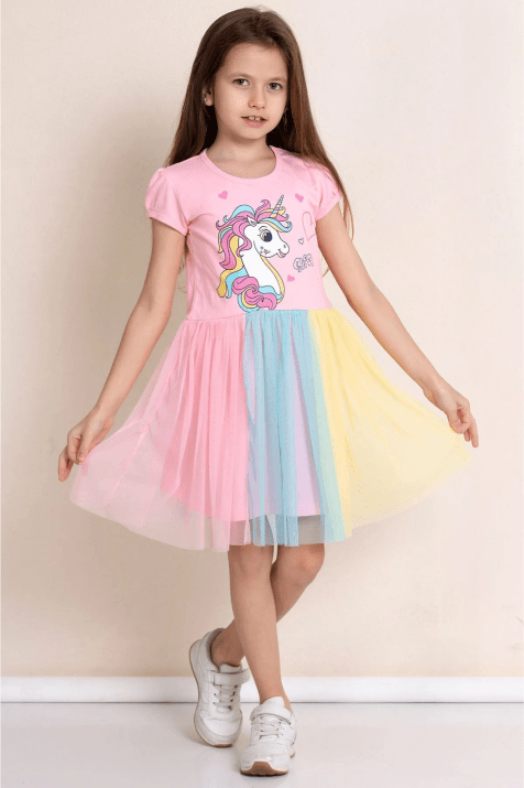 Детска рокля с къс ръкав Еднорог, розов цвят
