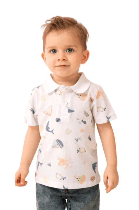 Детска тениска с яка за момче, бял цвят