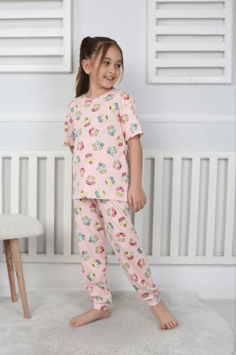 Детска пижама за момиче с къс ръкав, розов цвят