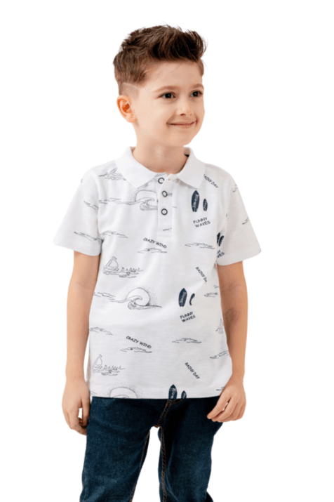 Детска тениска за момче с яка, бял цвят