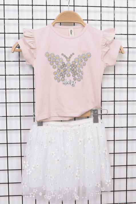 Детски комплект за момиче с къс ръкав, розов цвят