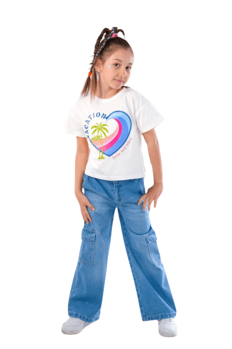 Детски комплект за момиче къс ръкав, бял цвят